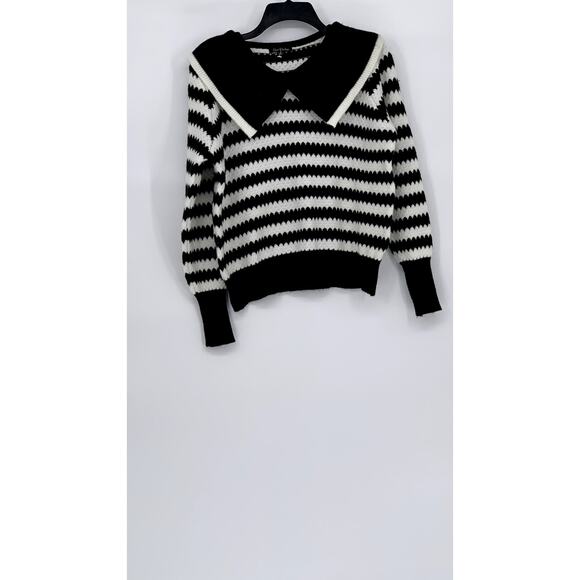 OVER KLESHAS Women’s Black-White Collared Knit Striped Sweater SZ L/XL - Picture 1 of 10
